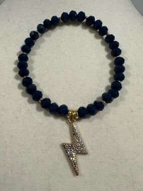 Handmade Gold Lightning Bolt Charm Navy Blue Beaded Stretch Bracelet | Boho Gift